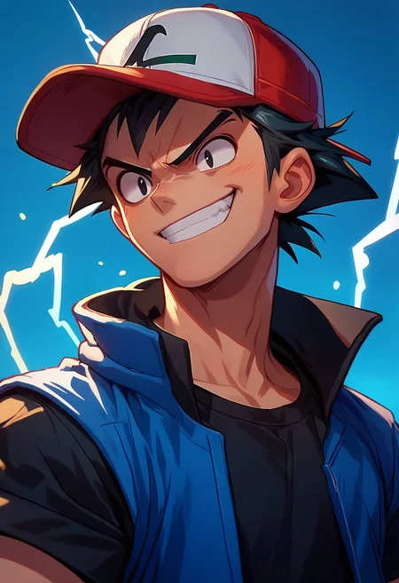 score_9, score_8_up, score_7_up,
solo, 1boy, upper body, ash3, black hair, black eyes, grin, baseball cap, blue jacket, white sleeves, short sleeves, black shirt, (muscles:0.6),
blue background, lightning,