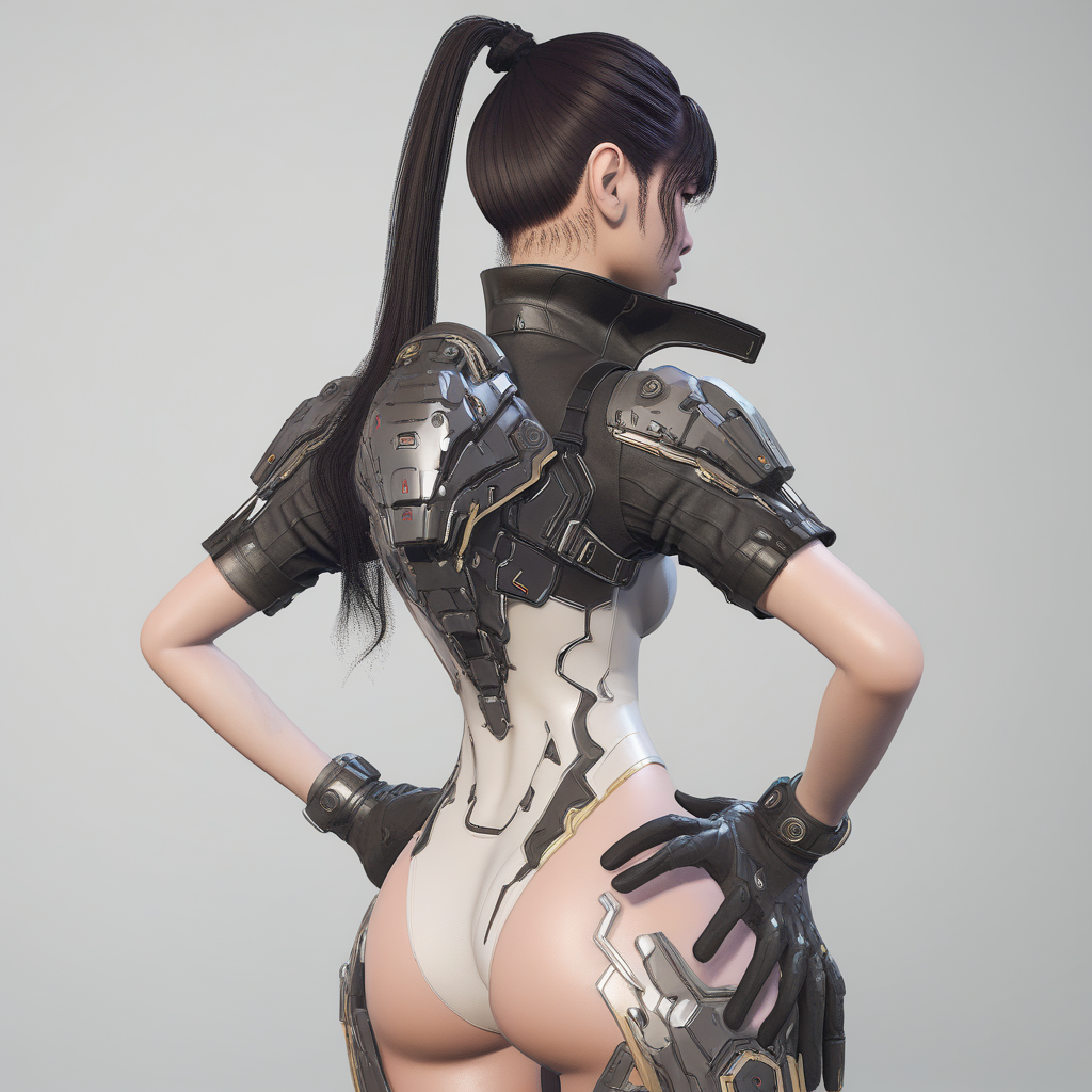 black gloves, white background, ponytail, solo, standing, profile, gloves, hand on hip, from side, cyberpunk, science fiction, bangs, from behind