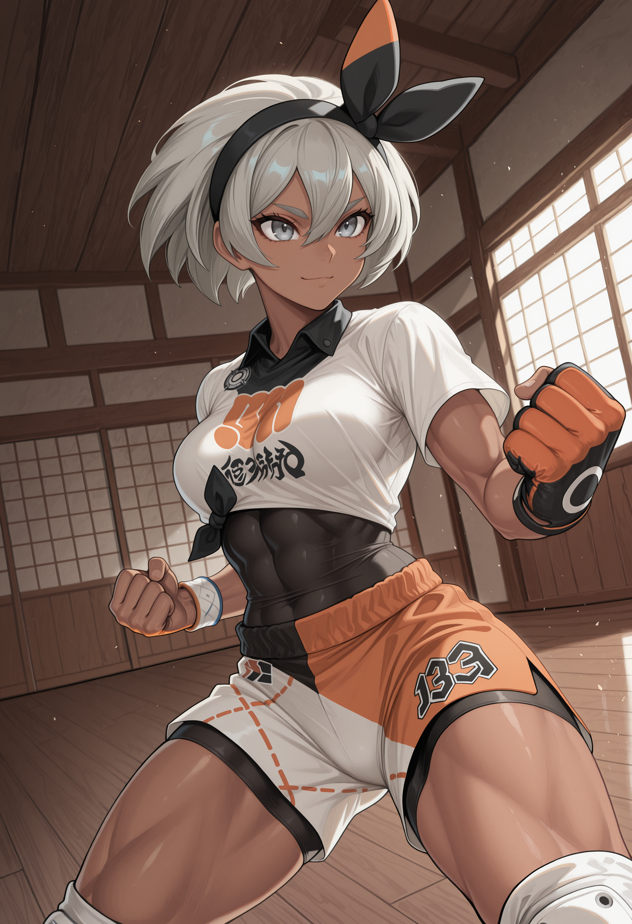 masterpiece, best quality, highres, absurdres, very awa, 1girl, solo, b3a, dark-skinned female, (toned:0.6), medium breasts, grey hair, short hair, hair between eyes, , d0j0, indoors, sliding doors, sunlight, fighting stance, cowboy shot, grey eyes, black bow hairband, two-tone bow, black bow, orange bow, collared shirt, multicolored shirt, white shirt, black shirt, orange shirt, print shirt, bodysuit under clothes, black bodysuit, white wristband, tied shirt, multicolored shorts, white shorts, black shorts, orange shorts, print shorts, knee pads, single glove, partially fingerless gloves, two-tone gloves, black gloves, orange gloves, wooden floor, east asian architecture, legs apart, looking ahead, clenched hands, fists, serious, closed mouth, smile, dutch angle, perspective, from below