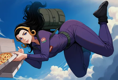safe, masterpiece, very aesthetic, 1girl, solo, liliana vess, mature female, jumpsuit, delivery uniform, skydiving, backpack, sky, clouds, midair, low-angle view, on front, joy, motion blur, looking at viewer, holding pizza box, thumbs up
<lora:LilianaVess-MTG_NAIXL_v10:0.6>