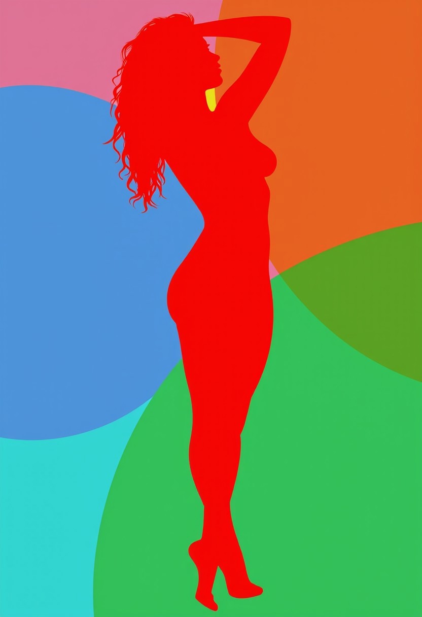 This is a minimalist digital drawing in a monochromatic palette of red, green and blue. It features the silhouette of a nude slim woman with beautiful nipples, natural belly button and a cameltoe pussy, depicted in a minimalist vector lines and curves. Her hair is curly and flows down, adding a sense of movement. The image is abstract, with smooth, flowing lines and shadows, emphasizing form and shape rather than realism. The background is divided into three colors, creating a stark contrast that highlights the figure. The overall style is modern and artistic, focusing on elegance and simplicity.
Nude_Arts