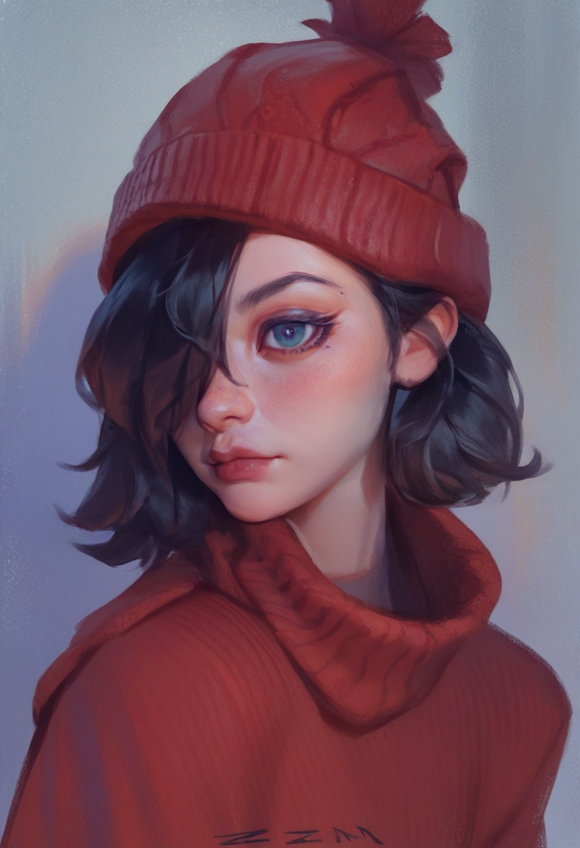 <lora:Smudge15:1> smudgy, traditional art, liu2, brush texture, score_9, score_8_up, score_7_up, 1girl, solo, red sweater, black bob hair, hair covering one eye, red knitted hat,