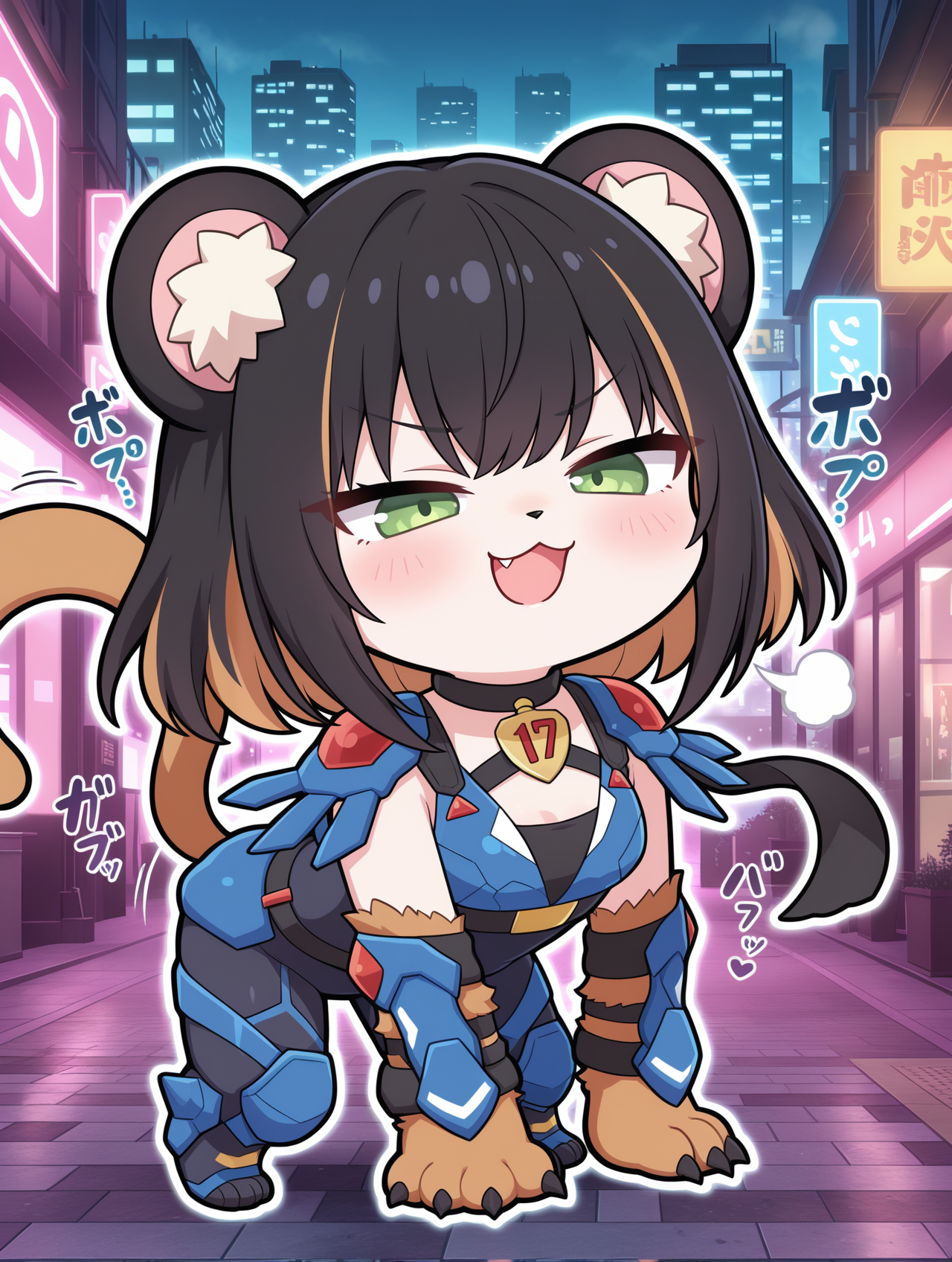 k9 city,k9-17 ripper,1other,cosplay,solo,:3,all fours,fang,open mouth,full body,chibi,standing,outline,smug,claws,smile,white outline,black choker,animal nose,blue vambraces,black bodysuit,blue shoulder armor,blue armored legwear,blue armor,black scarf,barking,tail raised,sound effects,outdoors,
masterpiece,best quality,amazing quality,very aesthetic,absurdres,newest,<lora:K9-17 Ripper & Izuna illusXL v1.33:0.72>,