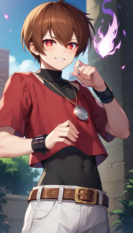score_9,score_8_up,score_7_up,score_6_up BREAK official art,1boy,solo,outdoors,upper body,(portrait:1.5),looking at viewer,facing viewer,evil smile,blush,androgynous,Chris,short hair,brown hair,hair between eyes,bangs,red eyes,glowing eyes,jewelry,necklace,red shirt,turtleneck,black vest,vest covered navel,short sleeves,wristband,bracelet,hands up the fire,pyrokinesis,purple fire,groin,brown belt,white pants,pants rolled up,black socks,red boots,<lora:Chris(kof)-Pony:1.4>,