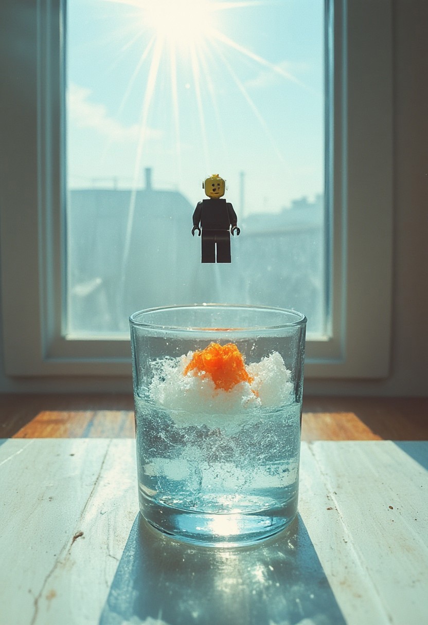 masterpiece, masterworks, best quality, amazing quality, very aesthetic, absurdres,Lego ship floating inside glass clouds above water , sunlight from window, glass on table , bright, retroart illustration