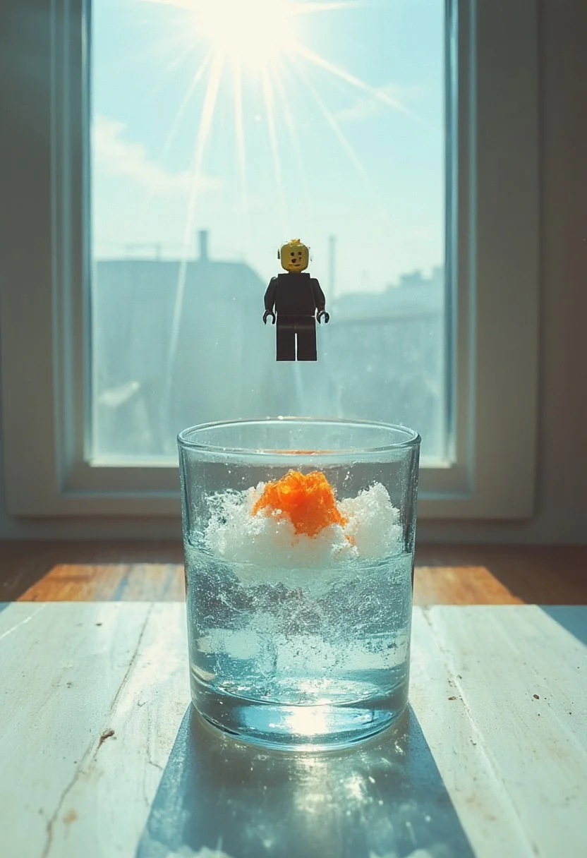 masterpiece, masterworks, best quality, amazing quality, very aesthetic, absurdres,Lego ship floating inside glass clouds above water , sunlight from window, glass on table , bright, retroart illustration