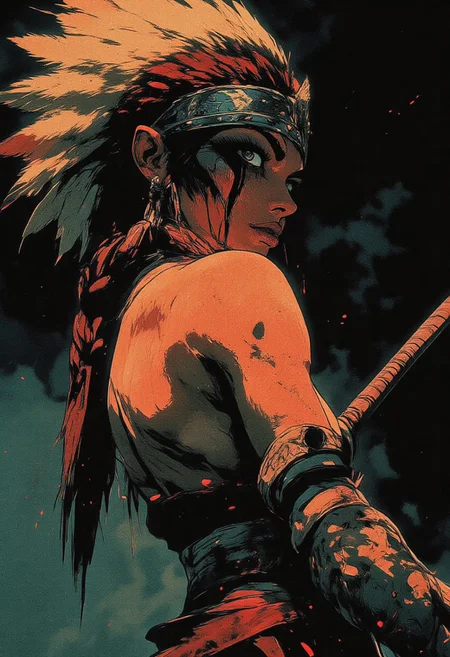 Female aztec warrior, tribal, wolf headdress, war paint, face paint, eye black, glowing eyes, in profile, toned arms, braided hair, large breasts, dark and moody background, adds a dramatic tone, subtle lighting reflections, ray traced, foreshortening, particle effect, Holding a sword,