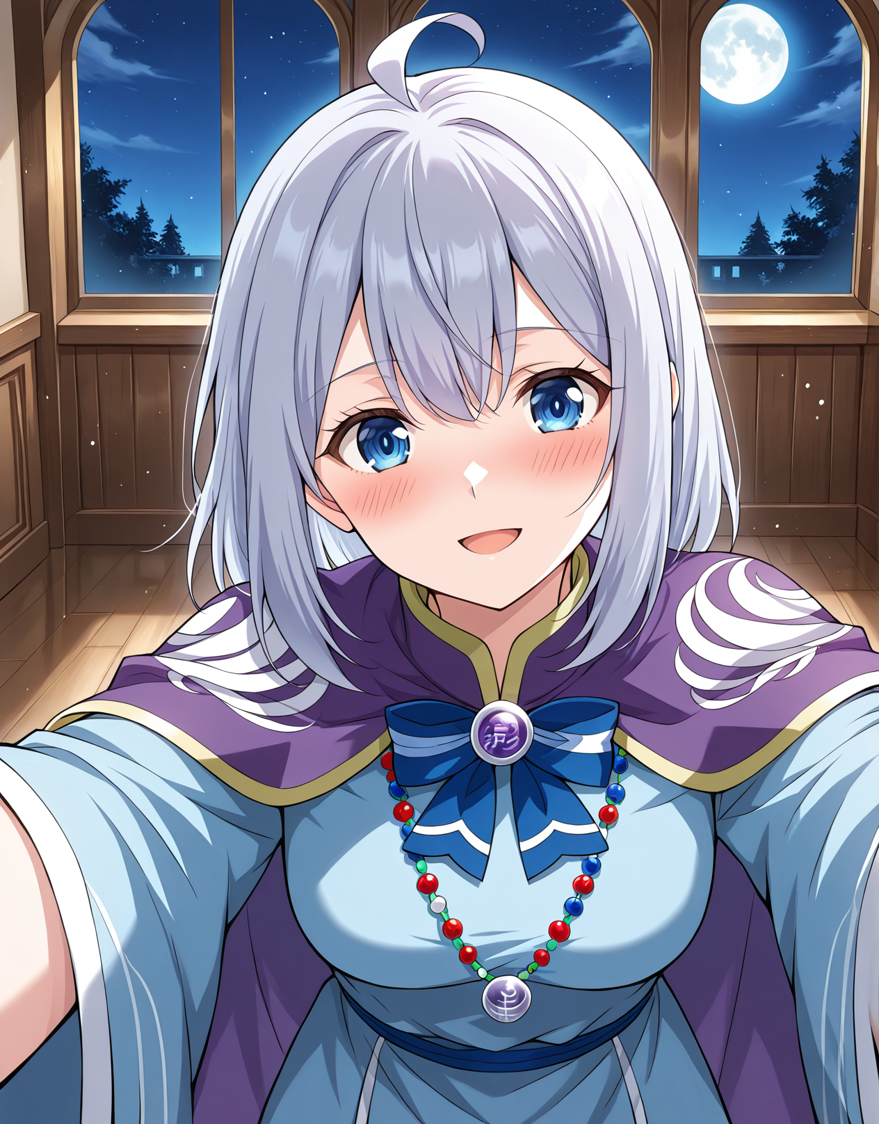 <lora:Dan_Chen__Battle_Through_the_Heavens__Illustrious:1>
1girl, solo, silver hair, short hair, ahoge, anime style, bangs, soft expression, blue eyes,
long robe, traditional clothes, fantasy outfit, purple cloak, wide sleeves, long sleeves, sleeves past fingers, blue inner dress, gradient design, moon pattern, decorative embroidery, formal uniform, layered clothing, blue bowtie, ribbon brooch, gemstone brooch, bead necklace, moon-themed outfit, detailed trim,
score_9, score_8_up, score_7_up, score_6_up, source_anime, rating_explicit, 1girl, solo, smile, embarrassed, alcalose eyes, open mouth, mansion, indoors, looking at viewer, outstretched arms, pov, close-up, (head tilt:1.2)