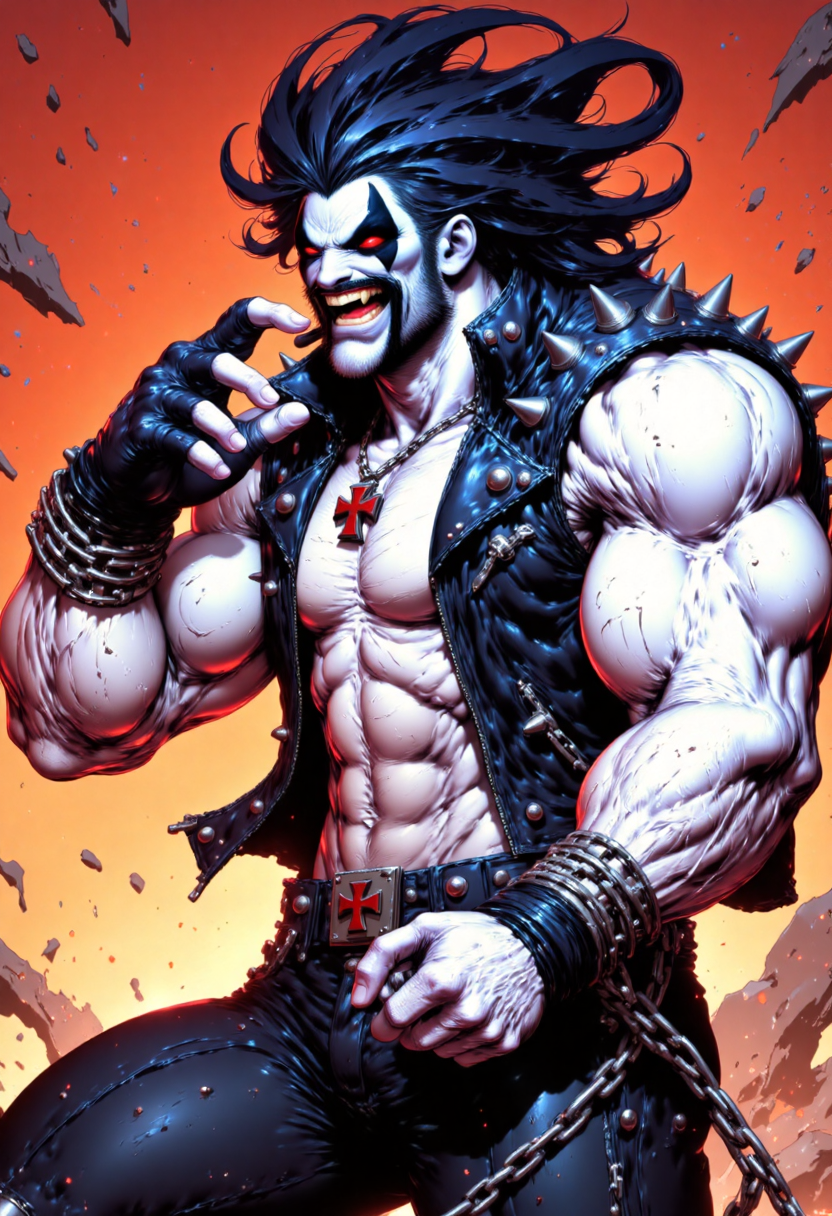 an anime screen shot in a vibrant, anime-inspired style, it features L0b0Dc man, menancing appearance, sharp fangs, His long black messy hair at wind, his red eyes are an intense and frightening, matching the environment that surround him, he is dressed in a sleeveless leather jacket with metal spikes, showing his huge muscular build and white pale white skin, he wears a red cross pendant and has chains around his forearm., niji_flux, niji_flux<lora:CustomFlux/L0b0Dc.safetensors:1.0:1.0> <lora:Flux/niji_flux.safetensors:0.75:0.75>