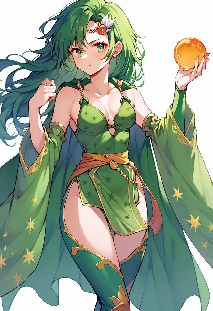 score_9,score_8_up,score_7_up,score_6_up, rydia, long hair, green hair, green eyes. circlet, hair ornament, green cape, green leotard, pelvic curtain, detached sleeves, thigh boots, zPDXL3,