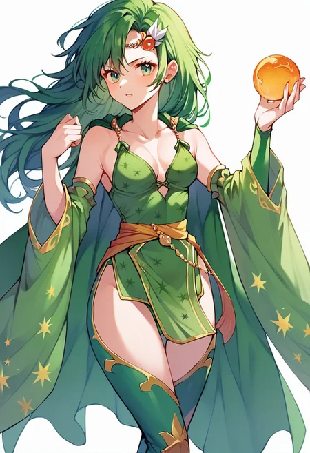 score_9,score_8_up,score_7_up,score_6_up, rydia, long hair, green hair, green eyes. circlet, hair ornament, green cape, green leotard, pelvic curtain, detached sleeves, thigh boots, zPDXL3,