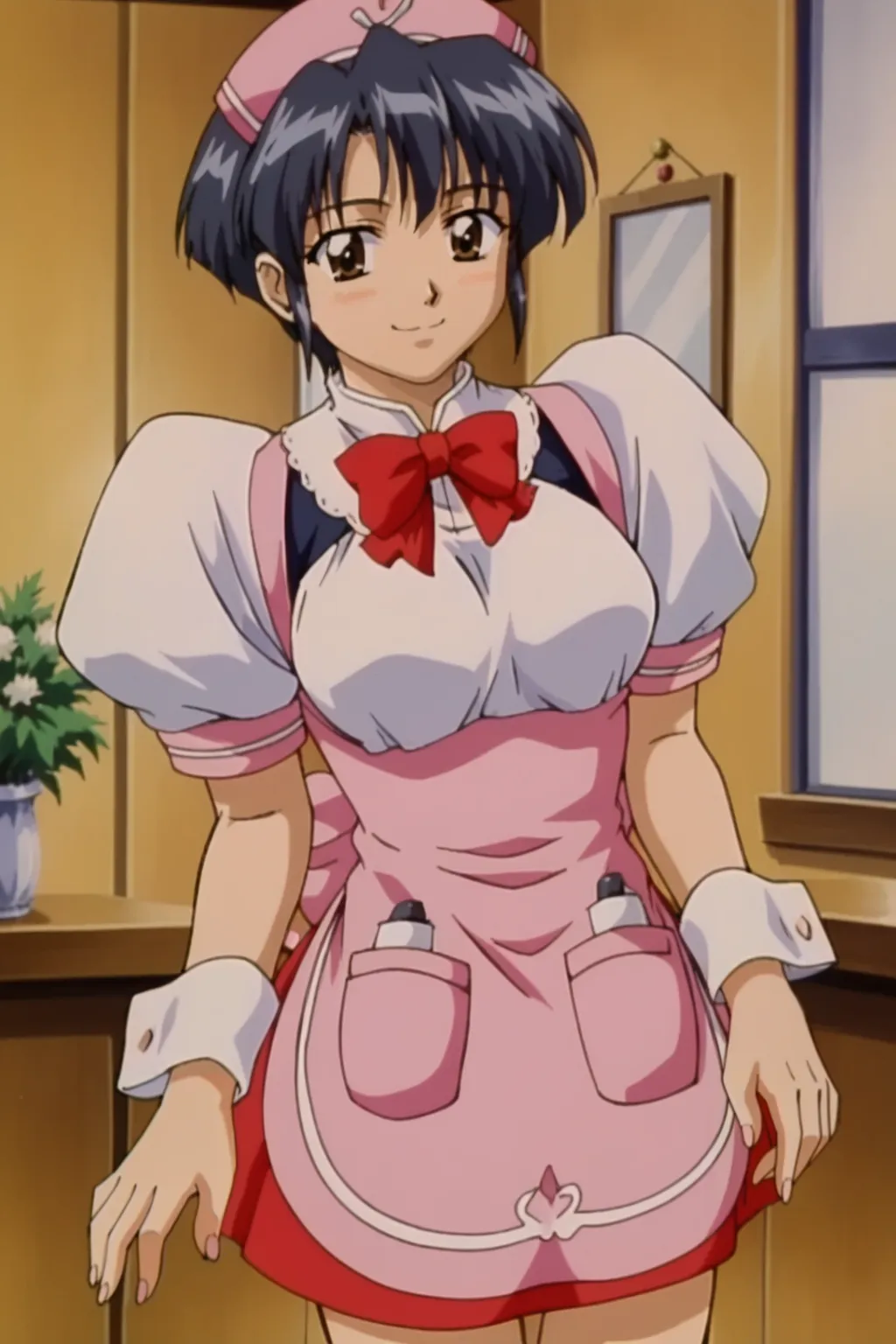 score_9, best, masterpiece, uncensored,
1girl, solo, 1990s (style), retro artstyle, smile,
KamidoSai, waitress, wrist cuffs, apron, puffy short sleeves, maid headdress,  red neck bow,
<lora:MagicalKananKamidoSai_V2:0.8>​​​