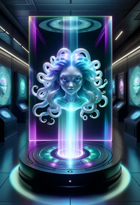 hyper detailed masterpiece, dynamic, awesome quality,hyperrealism,medusa, small stocky, illusive cute agile timeless unaging awesome fairytale creature , on a DonMH010D15pl4yXL holographic display <lora:DonMH010D15pl4yXL-000008:1>