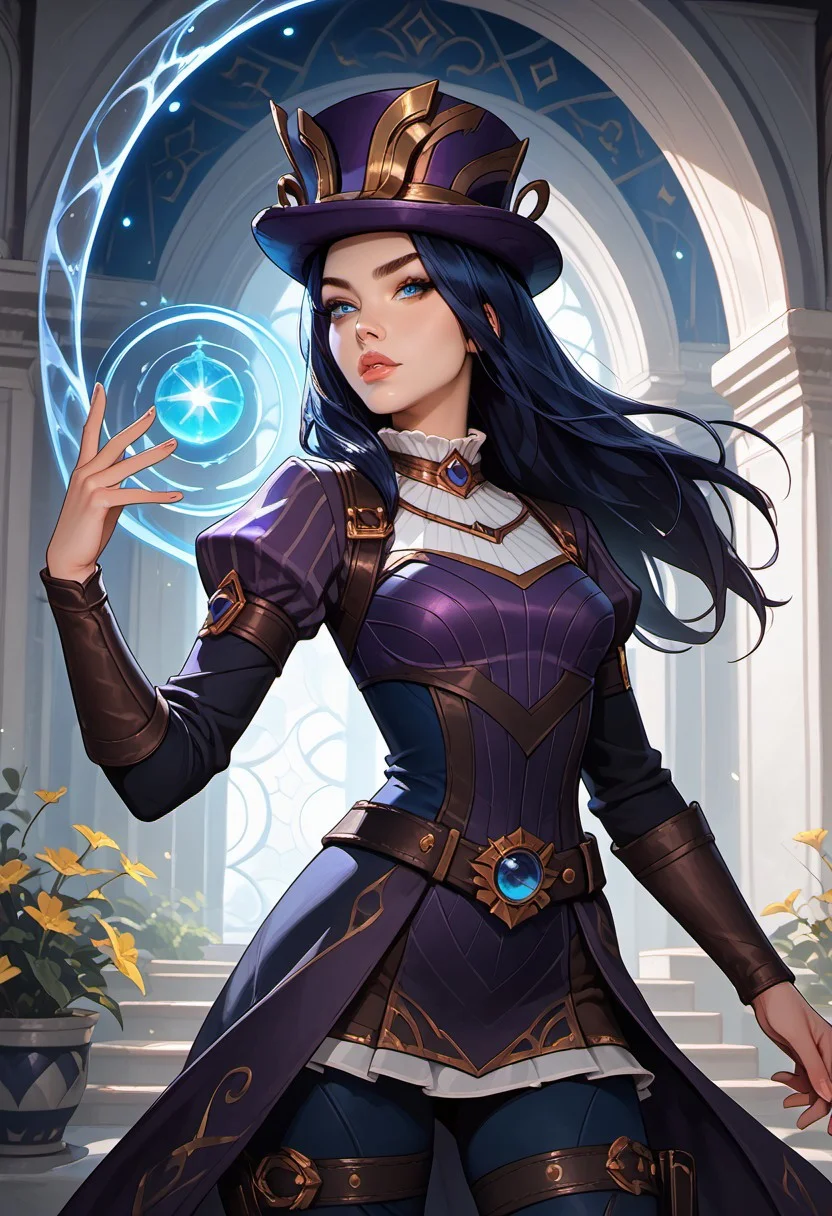 masterpiece,best quality, highly detailed, score_9, score_8_up, score_7_up, score_6_up, score_5_up, score_4_up, Expressiveh, CaitlynLoLXL, league of legends, blue eyes, blue hair, long hair, purple hat, top hat, hat golden ornament, medium breasts, purple dress, skirt, brown medium sleeves, brown glove, harness, (blue pants:1.1), belt, knee pad, high boots, 30yo, adult lustful confident woman, petite, slender body, perky saggy natural breasts, full lips, bangs, sidelocks, straps, 
chinese magical sorceress, animated, swirling magic, wisps of magic, dancing pose, tight squeezed outfit, magical accessories, evoking motion, conveying motion, dynamic splash art