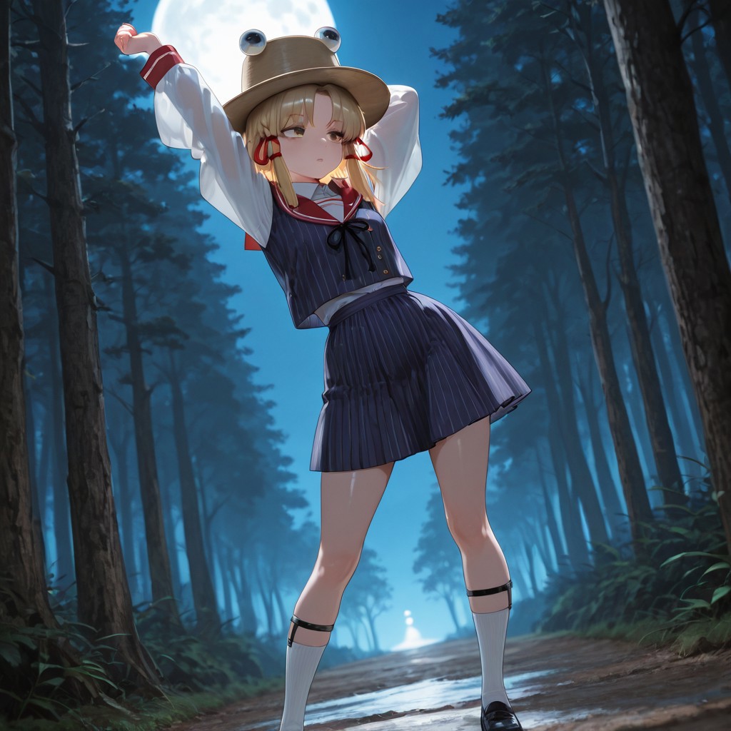 masterpiece,best quality,amazing quality,absurdres, BREAK
1girl,moriya_suwako, touhou, beret, side braid, hair rings, pom pom hair ornament, shiny hair, red sailor collar, neck ribbon, pom pom (clothes), vertical stripes, striped jacket, puffy sleeves, collared shirt, striped skirt, legwear garter, socks, shoes , portrait, dark background, simple background, looking away, contrapposto, arms raised, stretching, dutch angle, forest, outdoors, dark, night, backlighting, moon