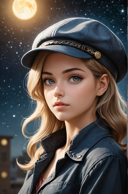 digital art, fit Female Envoy, Contoured Newsboy cap, Looking over the shoulder, Eyeliner, Celestial equator background, soft focus, Suspenseful, Provia