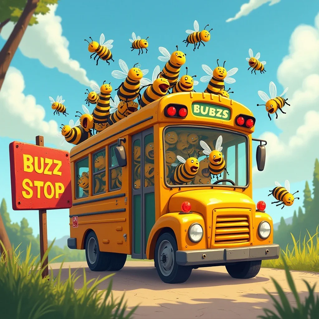 cinematic scene: dolly shot, mid-level-view. a bus filled with bees.Next to it a sign saying "BUZZ STOP". funny cartoon style, vibrant colors, appealing design, aesthetics, content, digital drawing.