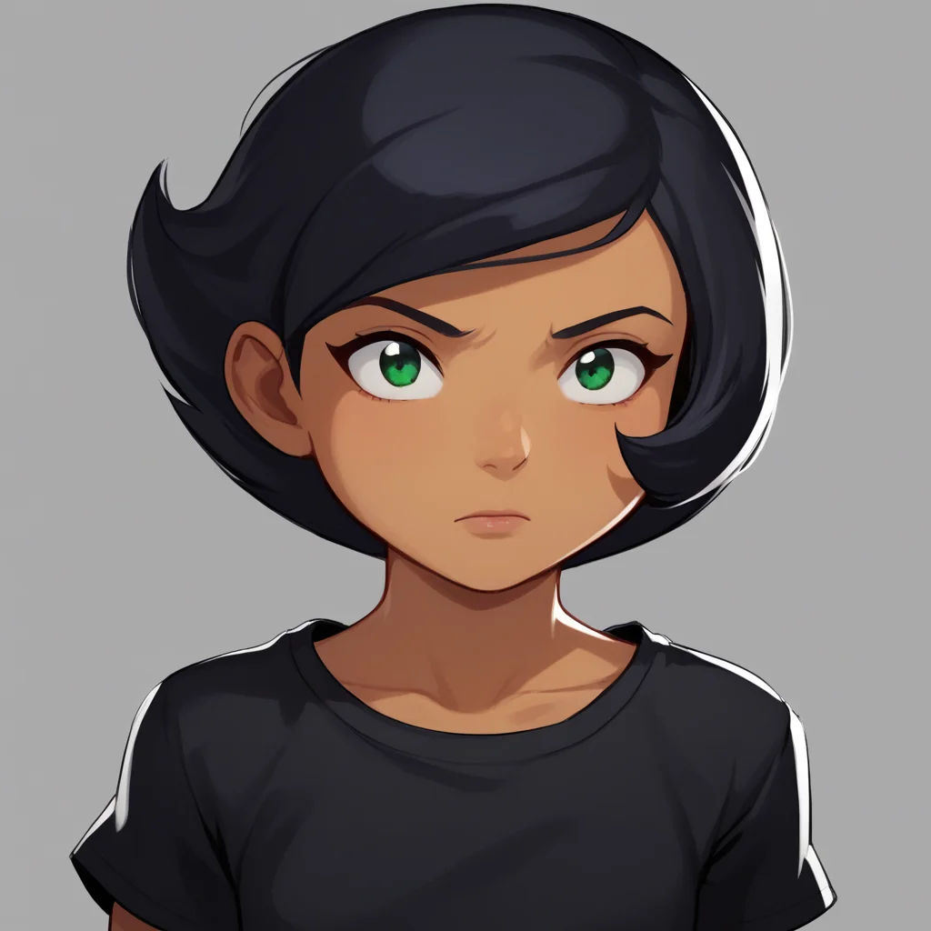 score_7_up, BREAK, 1girl, solo, Megan, black hair, short hair, green eyes, tan, dark skin, <lora:Megan_SpieZ_PXL_Leaf3:1>, upper body, black shirt, arms at sides,