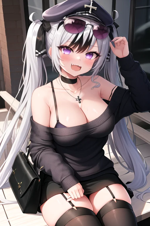 masterpiece, best quality, highres, solo, {elbe_azurlane:1.10}, long_hair, breasts, purple_eyes, large_breasts, multicolored_hair, streaked_hair, white_hair, black_hair, open_mouth, fang, blush, cross, skin_fang, iron_cross, hat, black_headwear, peaked_cap, very_long_hair, 1girl, black_skirt, brown_sweater, cleavage, looking_at_viewer, skirt, sunglasses, sweater, eyewear_on_head, garter_straps, bare_shoulders, collarbone, jewelry, long_sleeves, necklace, thighhighs, two-tone_hair, off_shoulder, bag, bra, handbag, off-shoulder_sweater, official_alternate_costume, sitting, underwear, bangs, twintails, black_thighhighs, brown_thighhighs, choker, ribbon, smile, two_side_up