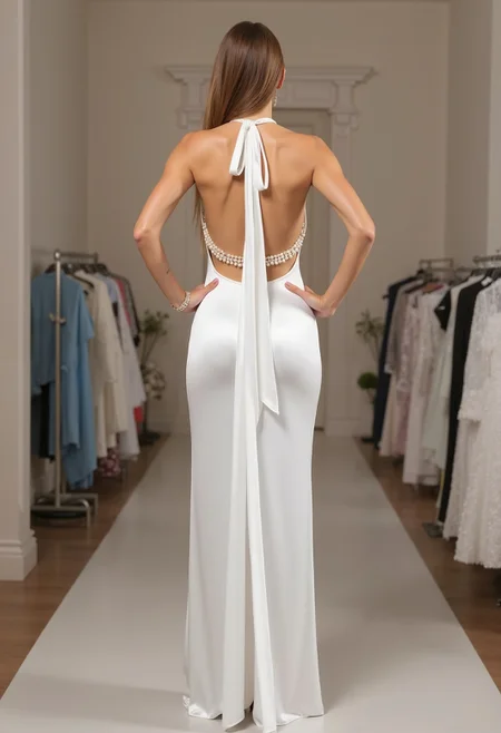 beautiful woman, long straight hair, clo016, wearing a white satin gown with an open back, featuring a halterneck tied with a flowing ribbon, detailed with horizontal pearl embellishments, and silver heels, posing in a clothing store, rear view