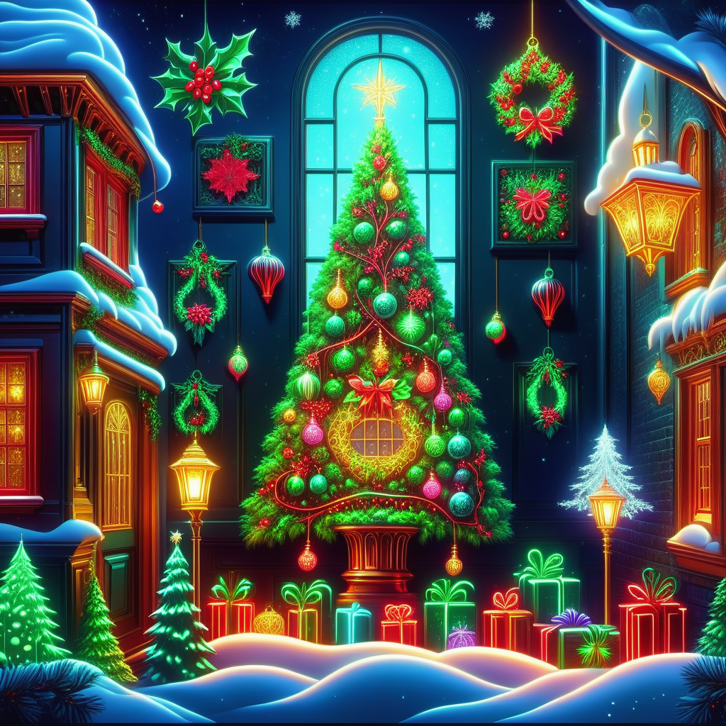 hyper detailed masterpiece, dynamic realistic digital art, awesome quality, DonMN30nChr1stGh0stsXL neon mistletoe and holly illustrations, scrooge's counting house, chocolate truffles,lanterns, radiant and glowing,reflective and grateful, desk lamps, twinkling lights and ornaments on christmas trees  <lora:DonMN30nChr1stGh0stsXL-000009:1>