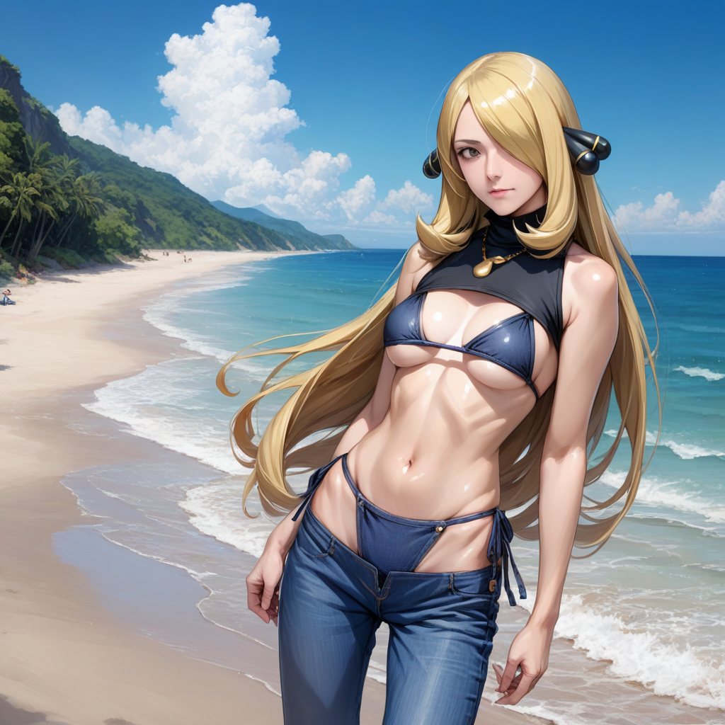 artist style:Urushihara Satoshi, source_hentai, source_anime, masterpiece, score_9, score_8_up, score_7_up, source_anime, shiny oild skin,  real, realistic, Cynthia, blonde, face, eyes, Cynthia\(Pokemon\) 1girl, meme_attire, (bikini_jeans:1.0), pants, panties, side-tie panties, highleg_bikini, clothing cutout, denim, lowleg_pants, denim_bikini, bikini_jeans, clothing_cutout, beach, blue sky,