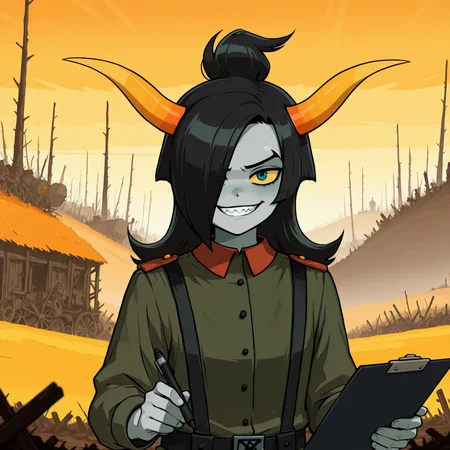 score_9, score_8_up, score_7_up, HD, best quality, masterpiece, VHTGW, tagora, 1boy, solo, homestuck troll, grey skin, coloured skin, yellow sclera, coloured sclera, black hair, long hair, small ponytail, hair over one eye, teal eyes, horns, orange horns, upper body, military uniform, war theme, outdoors, battlefield, wide smile, sharp teeth, looking at viewer, holding clipboard, holding pen