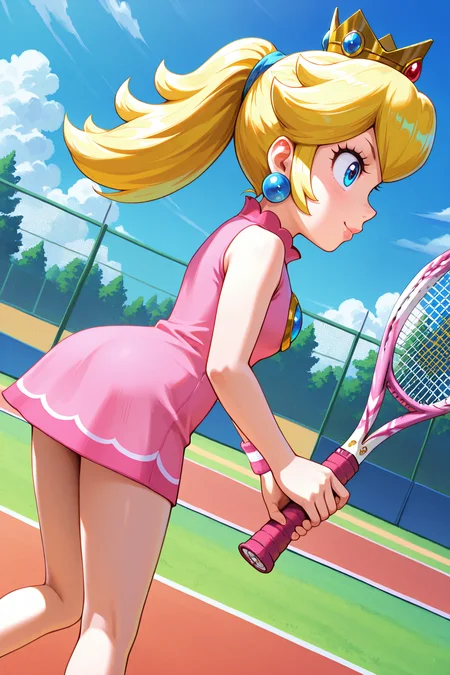 <lora:OMS_Peach_Tennis-15:1>
2d, anime screencap, omsPeachTennis, 1girl,solo, blue eyes, lips, long hair, ponytail, pink dress, tennis uniform, sportswear, bare shoulders, wristband, shoes, sleeveless dress, crown, jewelry, earrings
amazing quality,very aesthetic,absurdres,newest,
tennis court, smile, serious, holding, tennis racket, from side, ass, arched back, dynamic view, dutch angle, feet apart