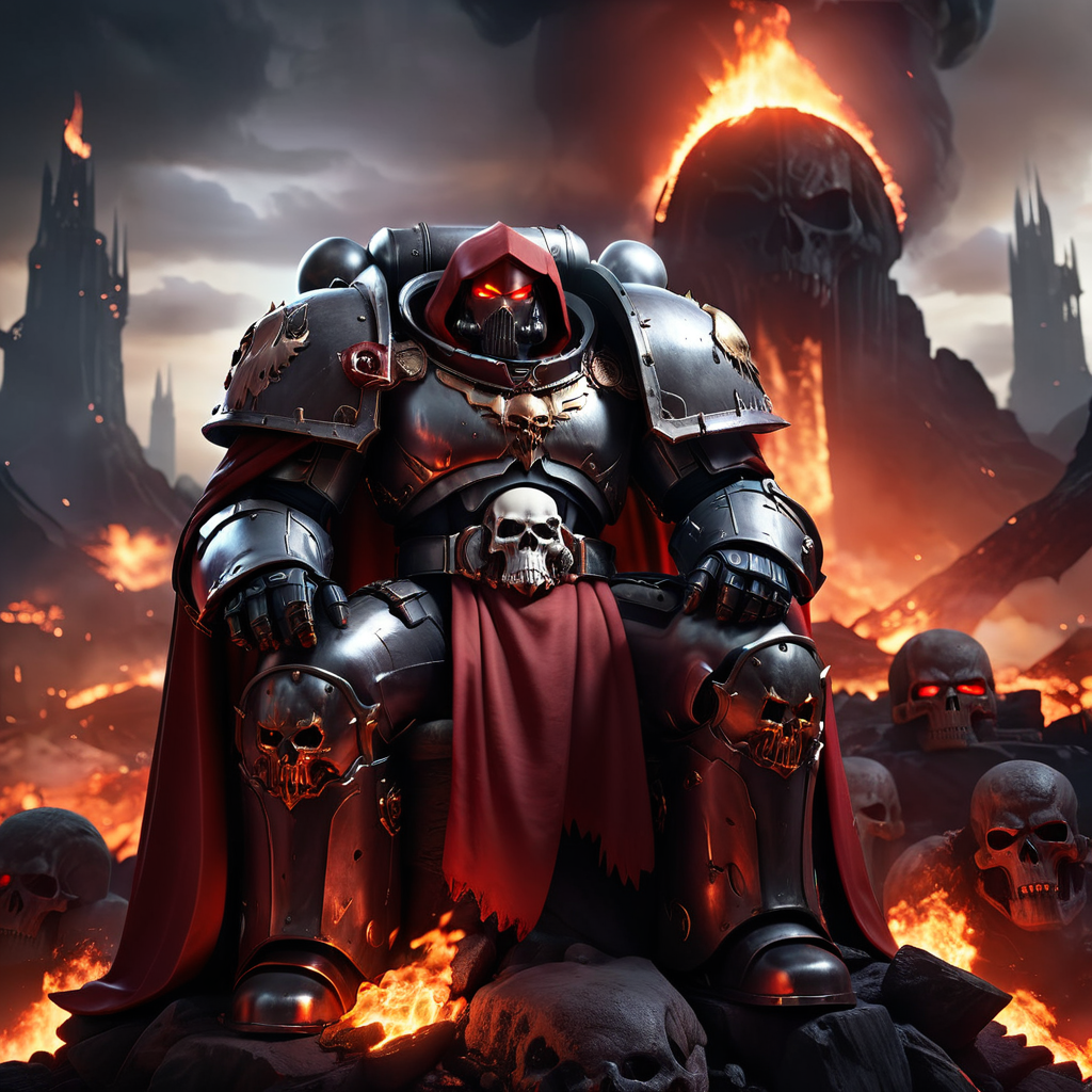 high quality, dynamic lighting, at night with burning city in background, large space marine, massive metal armor, with red hood and cape, sitting on a giant skull throne, magma lava  in forefront, black armor and white helmet, red glowing eyes, disney style, animated style, <lora:space_marine-000009:0.5>