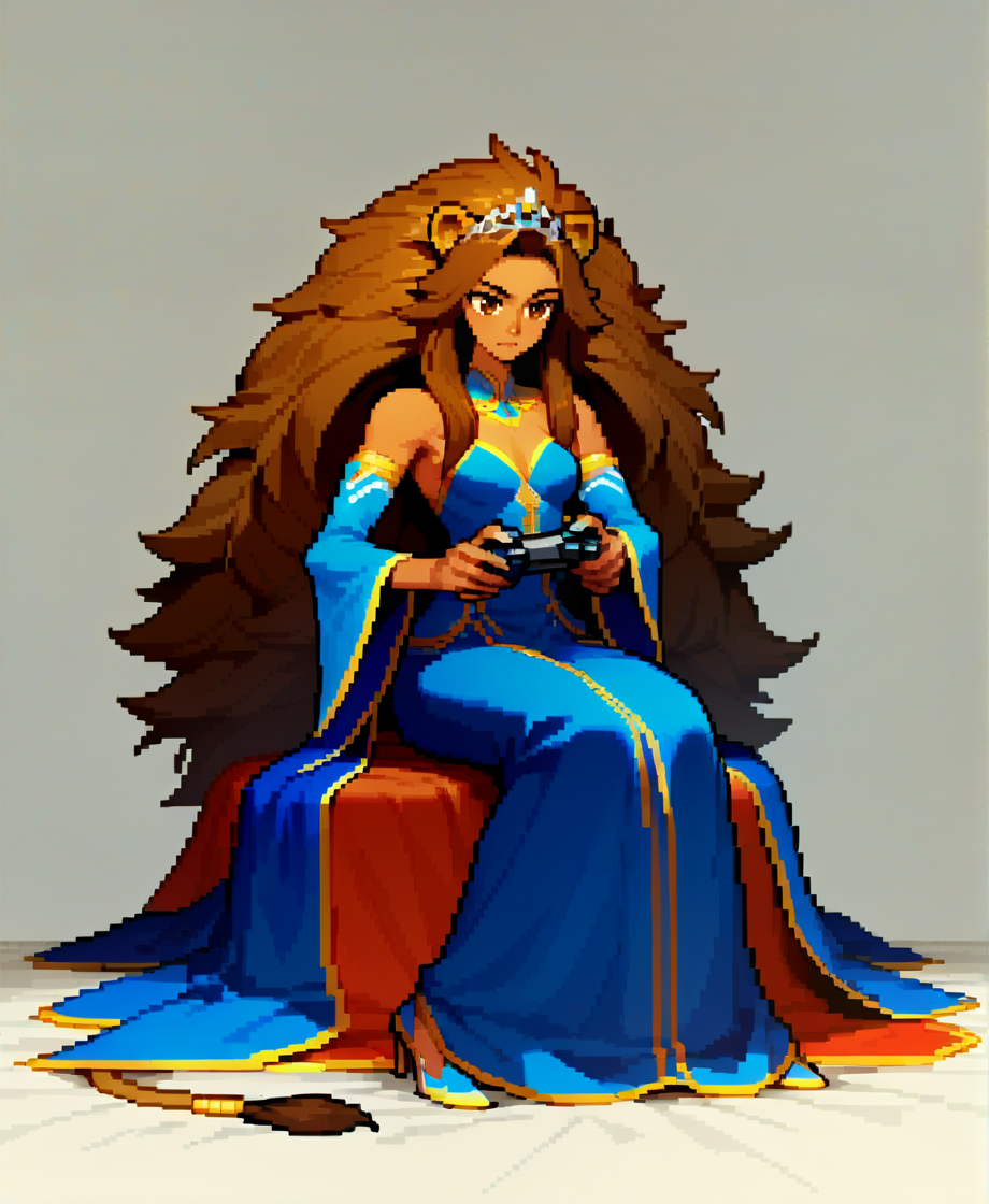 score_9_up, score_8_up, score_7_up, rating_safe, holding controller, sitting, on a bed, <lora:Expressive_H:.55>, Expressiveh, (lion girl), lion ears, long hair, (dark brown hair), lion mane, brown eyes, royalty, (dark skin), athletic, small breasts, tiara, royal blue large dress, fur trim, high heels, detached sleeves
, simple background, <lora:Csp2PixelArtPony_Style-10:.6>, Csp2Pixel