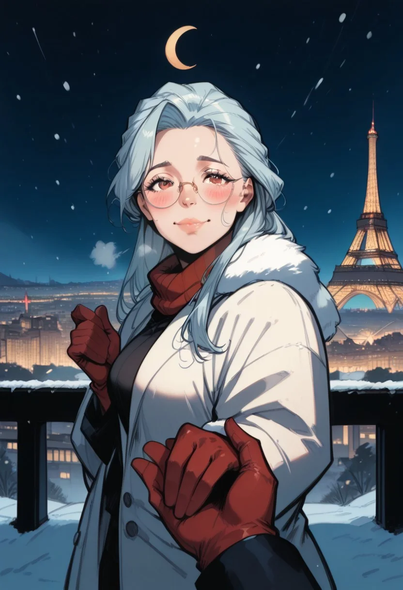 commix style, zPDXL3, PnyCmicXLPOS, score_9, score_8_up, score_7_up, masterpiece, best quality, absurdres, vibrant, highly detailed, very aesthetic, solo focus, pov hands, out of frame, from side, mature, stunning, 1girl, solo, saihoutakenoue, long hair, black fluffy scarf, long white winter coat, red gloves, fluffy gloves, glasses, standing, (cold, flushed cheeks, red nose, breathing effects:1.2), happy, teeth, looking at viewer, holding hands, leading, outdoors, night, snowing, Paris, Eiffel Tower, Champ-de-Mars, city lights, (crescent moon:1.4)