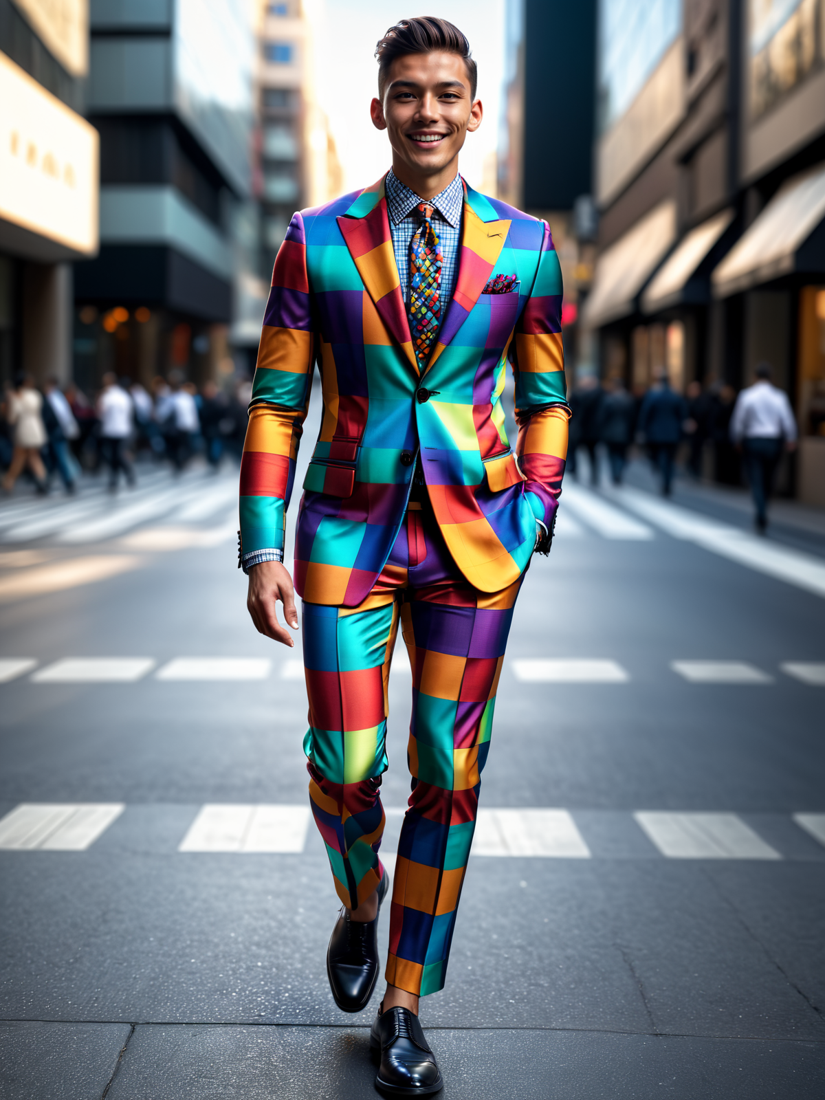 man wearing a colorful mad-checker suit walking through city, dynamic_pose, from side, light smile, cinematic shot <lora:Colorful_Checker_SDXL_v2:0.6>, masterpiece, best quality, ultra high res, (photorealistic, realistic:1.2), deep shadow, raw photo, film grain, Fujifilm XT3, 8k uhd, dslr