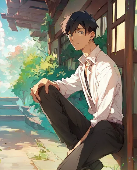 (score_9, score_8_up, score_7_up:1.33),(Japan Anime style, very aesthetic, source_anime:1.21),(1boy, mukohda, solo, Slim sexy body, skinny, male focus, absurdres, black hair, black eyes, short hair, white collared shirt, pants, open blazer:1.1),<lora:pcm_sdxl_normalcfg_16step_converted:1>,<lora:aesthetic_anime_v1s:1>,<lora:Mukohda_SDXL-000002:0.8>,