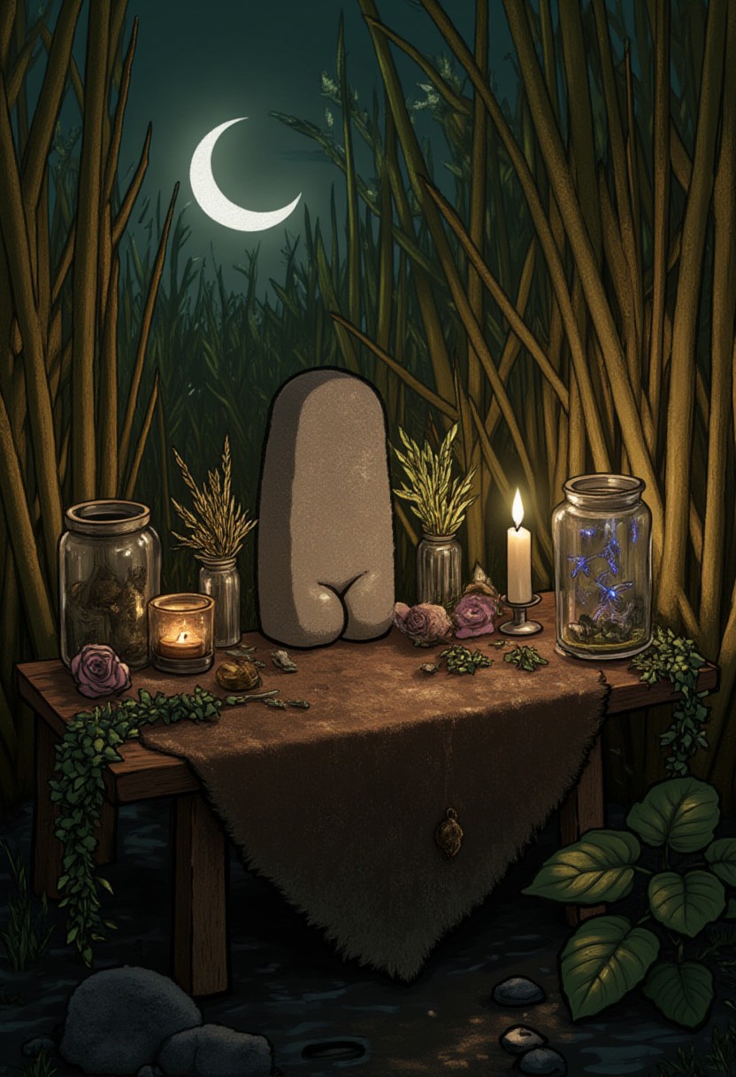 4lt4r digital concept art of a rustic altar tucked within a swamp overgrown with reeds, its surface covered with an animal skin. A stone sculpture shaped like a human buttocks, with exaggerated proportions. rest atop the altar, as well as some dried frog legs, bunches of swamp herbs, lit candle and a glass jar with some fireflies inside, crescent moon glows in the sky creating magical atmosphere.