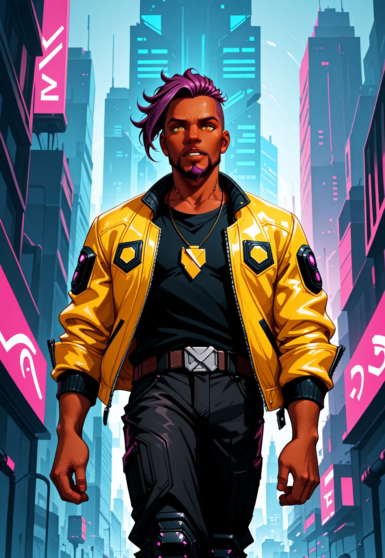 animated nightmare style, 1boy, beard, belt, black pants, black shirt, building, city, collarbone, cyberpunk, dark skin, dark-skinned male, facial hair, goatee, jacket, jewelry, knee pads, looking at viewer, male focus, necklace, open clothes, open jacket, pants, parted lips, purple hair, shirt, skyscraper, solo, undercut, walking, yellow eyes, yellow jacket