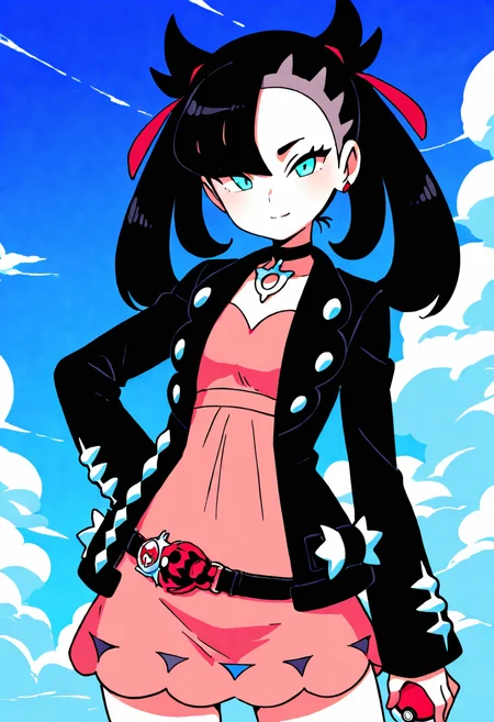masterpiece, best quality, 1girl, solo, eyelashes, (beautiful eyes), zzMarnie, aqua eyes, black choker, red ribbon, pink dress, jewelry, black jacket, open clothes, long sleeves, <lora:MarniePokemon_NAI_v2:1.0>, litten companion, black hair, fiery attitude, red jacket, athletic look, pokeball on belt, fiery aura, confident expression focused look, holding pokeball, looking at viewer, pokemon gym background, training gym background, smile, ,<lora:Diives_NAI:1.0>,