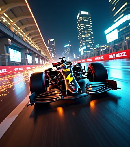 A hyper-realistic extreme close-up of a sleek black Formula 1 car with a glowing yellow thunder emoji and the number "10" on the nose, racing through the neon-lit streets of Singapore at night. The sleek body of the car blurs with speed, its polished surface reflecting the vibrant city lightsâstreaks of colour bouncing off the wet grainy asphalt. Advertising hoardings on the side of the track say "GIVE BUZZ". Towering skyscrapers and illuminated windows line the track, while the intense glow from streetlights and billboards creates a dazzling display of reflections on the carâs metallic surface. The sense of velocity is palpable, with sparks flying as the car leans into a sharp turn, leaving trails of light in its wake. Great composition, leading lines