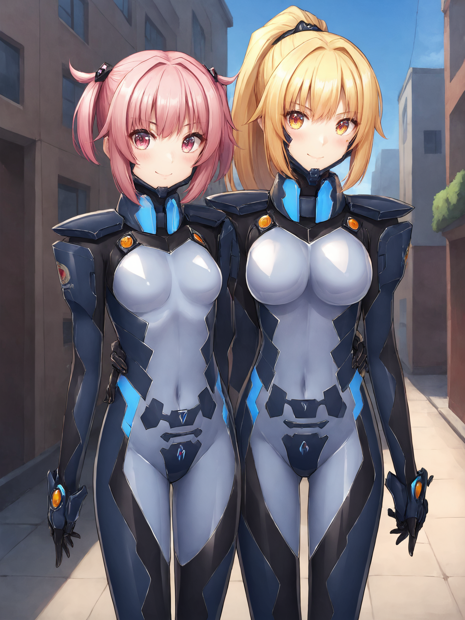score_9, score_8_up, score_7_up, zPDXL, zPDXLpg, <lora:offset_0.2:0.1>, <lora:spo_sdxl_10ep_4k-data_lora_webui:1>, bluetype99fortifiedsuit, 1girl, fortified suit, pilot suit, armored bodysuit, impossible bodysuit, skin tight, blue bodysuit, shiny clothes, chin guard, headgear, <lora:Type_99_Fortified_Suit__Muv-Luv_Alternative_Chronicles:0.8>, (2girls:1.2), standing, side-by-side, (v, peace sign:1.2), blush, smile, outdoors, city, street, looking at viewer
pink hair, pink eyes, twintails, hair behind ear, bangs
blonde hair, yellow eyes, ponytail, hair behind ear, bangs