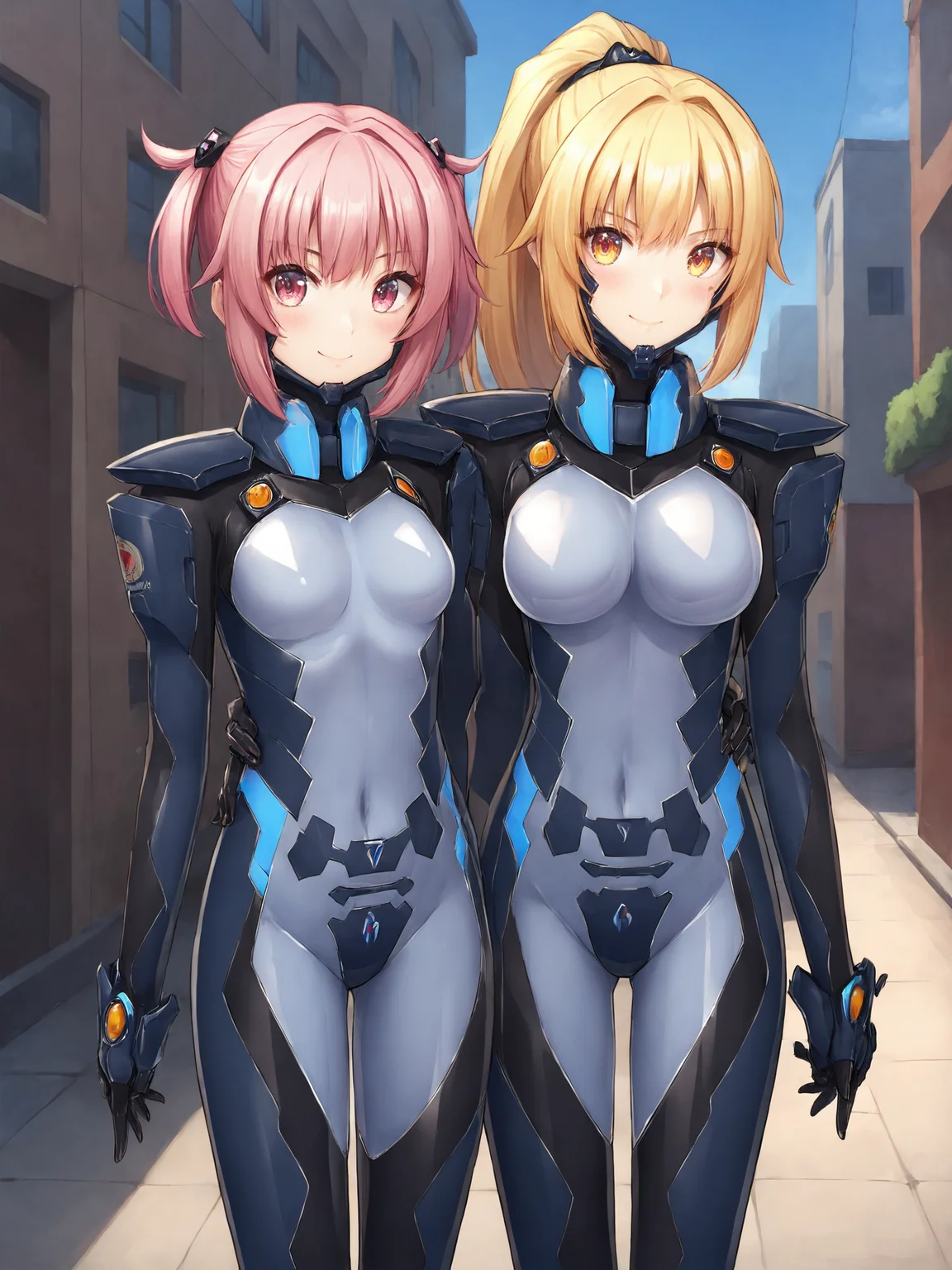 score_9, score_8_up, score_7_up, zPDXL, zPDXLpg, <lora:offset_0.2:0.1>, <lora:spo_sdxl_10ep_4k-data_lora_webui:1>, bluetype99fortifiedsuit, 1girl, fortified suit, pilot suit, armored bodysuit, impossible bodysuit, skin tight, blue bodysuit, shiny clothes, chin guard, headgear, <lora:Type_99_Fortified_Suit__Muv-Luv_Alternative_Chronicles:0.8>, (2girls:1.2), standing, side-by-side, (v, peace sign:1.2), blush, smile, outdoors, city, street, looking at viewer
pink hair, pink eyes, twintails, hair behind ear, bangs
blonde hair, yellow eyes, ponytail, hair behind ear, bangs