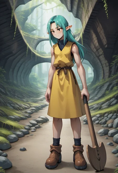 Caitis, 1 person, Lapanya, light skin, teal hair, ((tall)), solo, pointy ears, snout nose, brown eyes, long hair, sleeveless vest,
half-lidded eyes,
((Megaman zero style, medieval style)):1.0, Dutch angle, side view,
Kneeling, (holding trowel in both hands, flat blade, wooden handle), scraping floor, scraping moss,
Organic cavern, underground, tunnel, luminous moss, smooth walls, Lapanya in background,
highly detailed face, high quality, best quality, masterpiece, score: 9, score: 8 up, rating: safe, ((source: anime)),