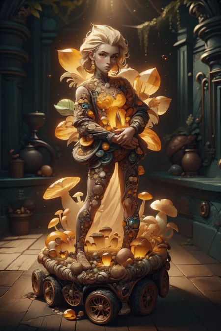 breathtaking 1girl, full shot, full body, <lora:ral-mushroomz:1> mushroomz <lora:citrine-style-darquelilly-v1:1> citrinegemstyle, masterpiece, award-winning, professional, highly detailed, low key lighting, chiaroscuro lighting
