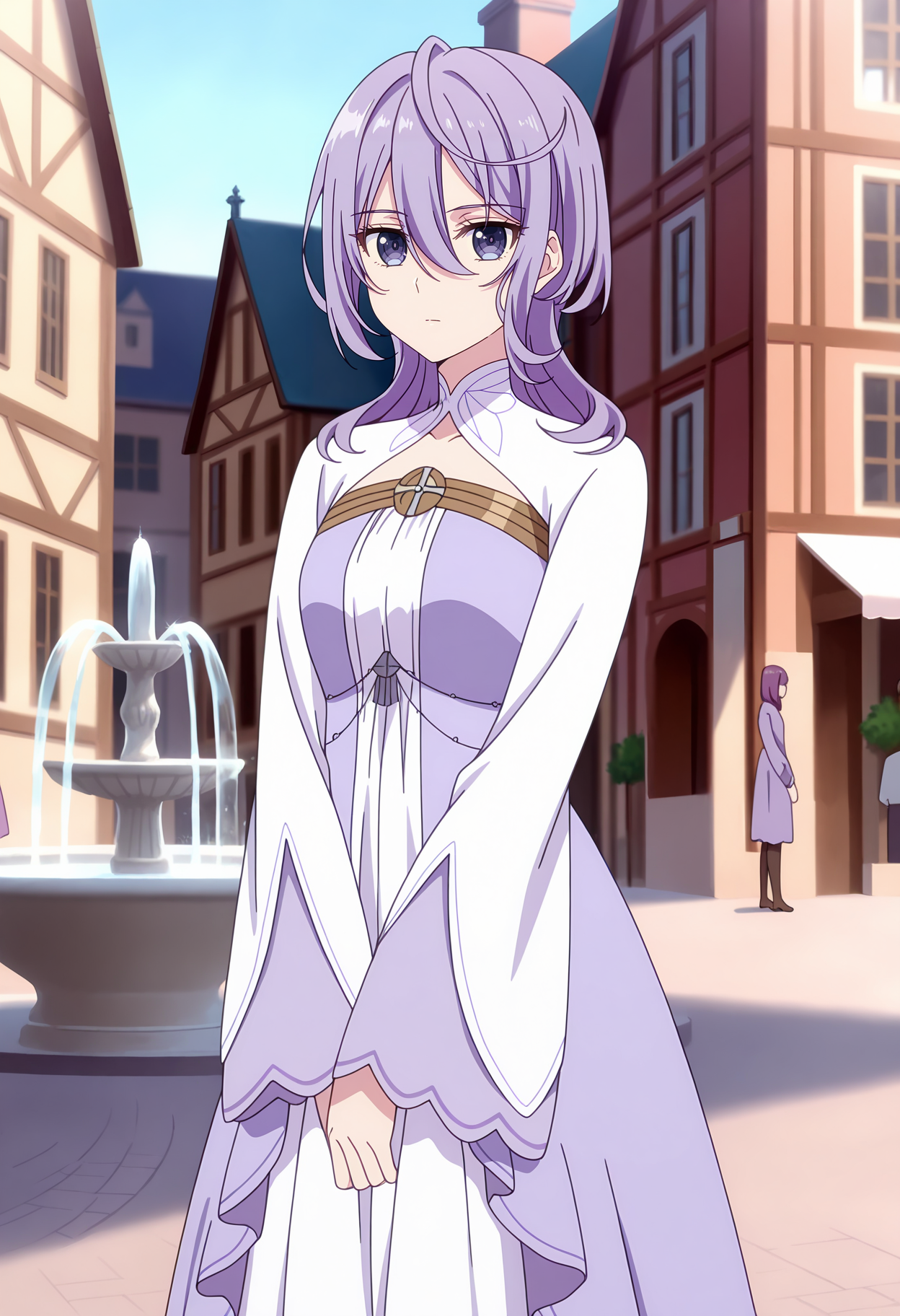 anime screencap, masterpiece, best quality,
<lora:Kanpekiseijo_PhiliaAdenauer_IlluXL:0.9>,
1girl, solo, closed mouth, expressionless,
hair between eyes, long hair, purple hair, purple eyes,
frilled dress, multicolored dress, white dress, purple dress, clothing cutout, long sleeves, wide sleeves, 
v arms, standing, looking at viewer, cowboy shot,
medieval, fountain, people, street, building, day, photo background, blurry background