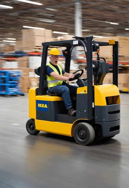 photo of a ikea worker driving a forklift in a warehouse. middle-aged man, reckless driving, drifting, racing, dynamic shot, motion blur