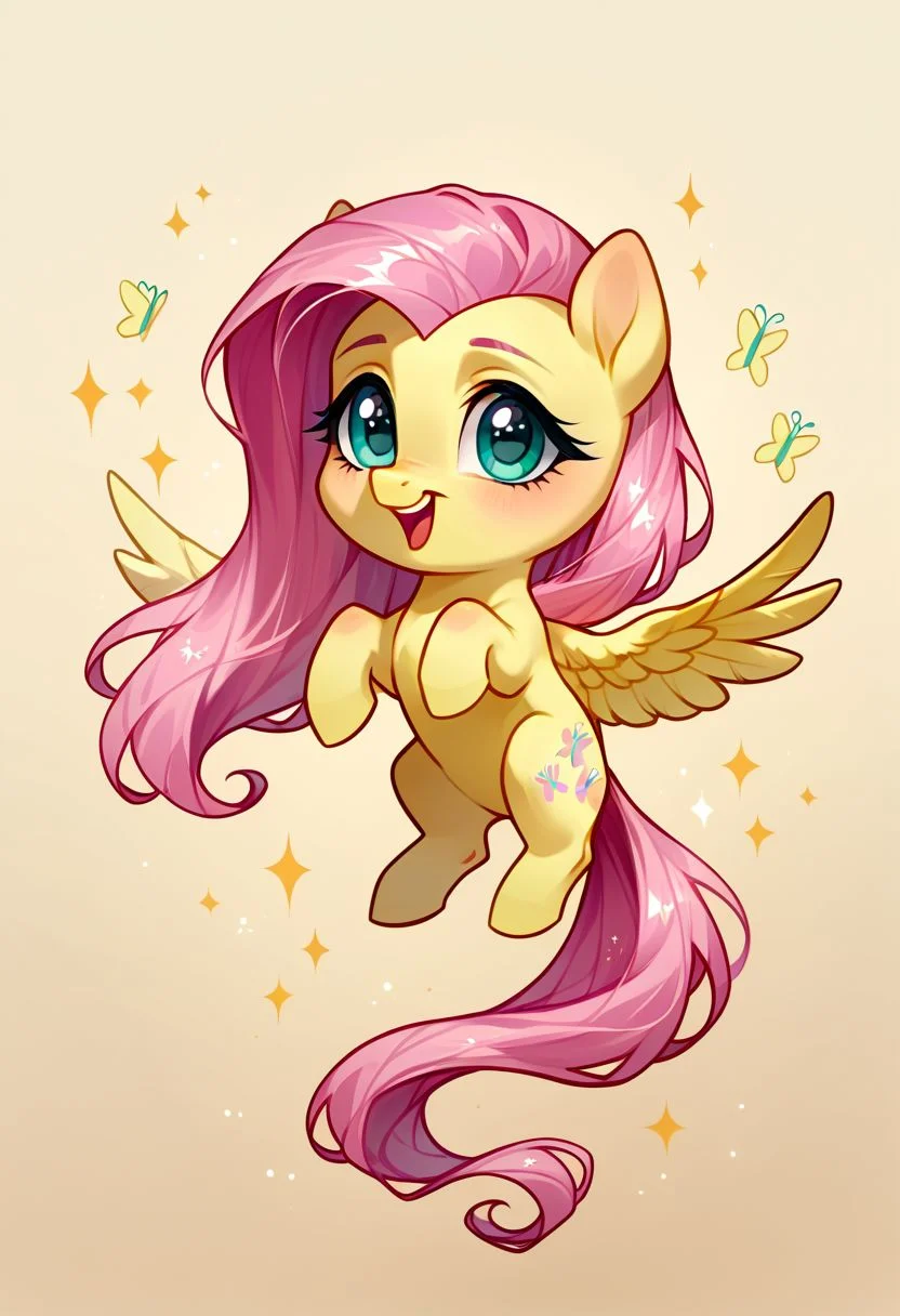 score_9, score_8_up, score_7_up, source_pony, solo, Fluttershy, looking at the viewer, (Feral Pegasus, chibi body:1.3), wings, flying, excited, dancing, simple background, (detailed image, high resolution, 5k resolution:1.0), (chibi art style:1.1)