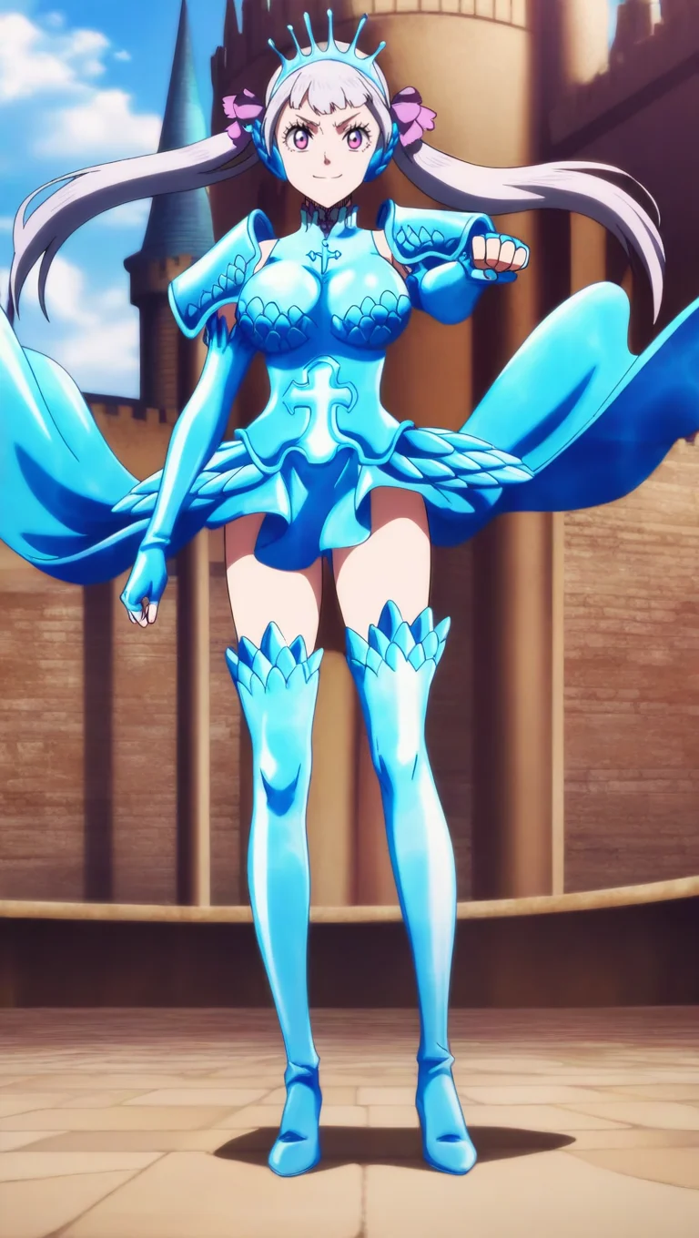 source_anime, masterpiece, best quality, amazing quality, anime screencap, high quality, 8k, absurdres, official style, 1girl, solo, looking at viewer, standing, castle courtyard, smile, <lora:Noelle_Silva_Spade_iL:1>, no3ll3 spade, purple eyes, grey hair, long hair, twintails, bangs, hair ribbon, purple ribbon, valkyrie armor, water dress, breasts, large breasts, tiara, elbow gloves, fingerless gloves, thighhighs, high heels, thigh boots,