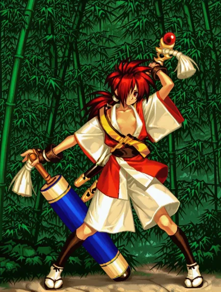 masterpiece, best quality, full body, japanese clothes, looking at viewer, skinny, solo, bamboo forest, open clothes,
<lora:Hisame_Shizumaru:1>, shiz0, 1boy, long hair, red eyes, brown eyes, ponytail, red hair, hair over one eye, hisame shizumaru, gloves, weapon, fingerless gloves, snk,