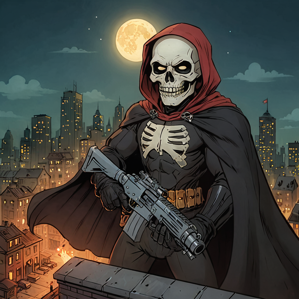 cartoon image hero with skull mask hood black cape huge gun  on rooftops of metropolis at night  <lora:Cartoon_SDXL_V2-fixed:1> <lora:add-detail-xl:1> extreme detail, high quality, vivid colors, flat colors, dramatic shading