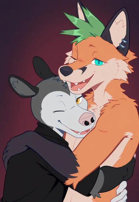 masterpiece,best quality,amazing quality, jaxorn biting zebpos shoulder with teeth, 2boy,  furry, looking at viewer, neck biting, in heat, simple background, upper body, one eye closed, biting, fangs, open mouth, smile, they are standing close together and appear to be in a romantic embrace
