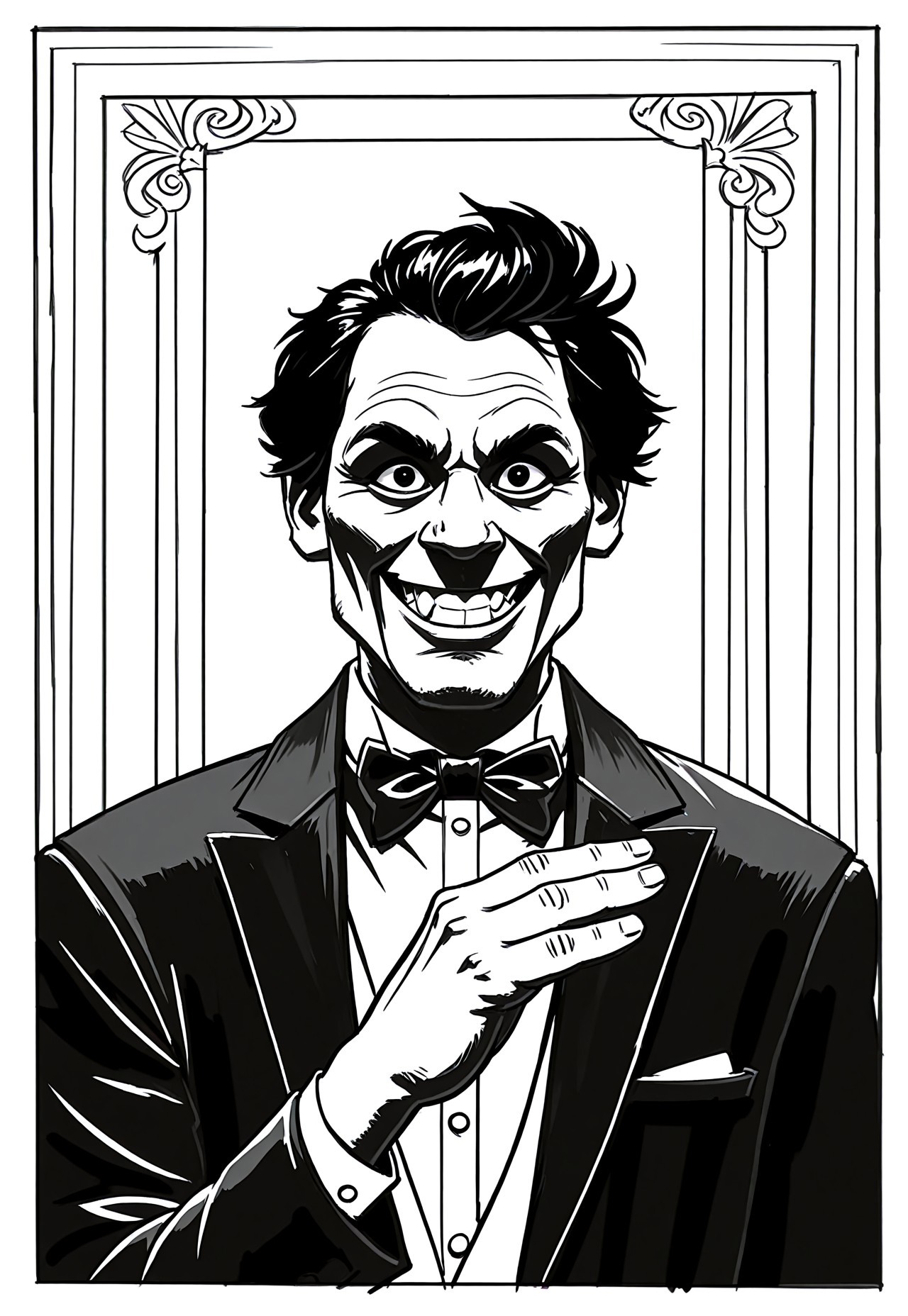 masterpiece, best quality, 1nkPnk, greyscale, 1boy, monochrome, solo, male focus, smile, bow, bowtie, grin, looking at viewer, formal, suit, upper body, card, teeth, hand up, parody, rough sketch, messy, comic art style, ink splatter, painting (medium), paint, ink (medium), pencil (medium), sketch