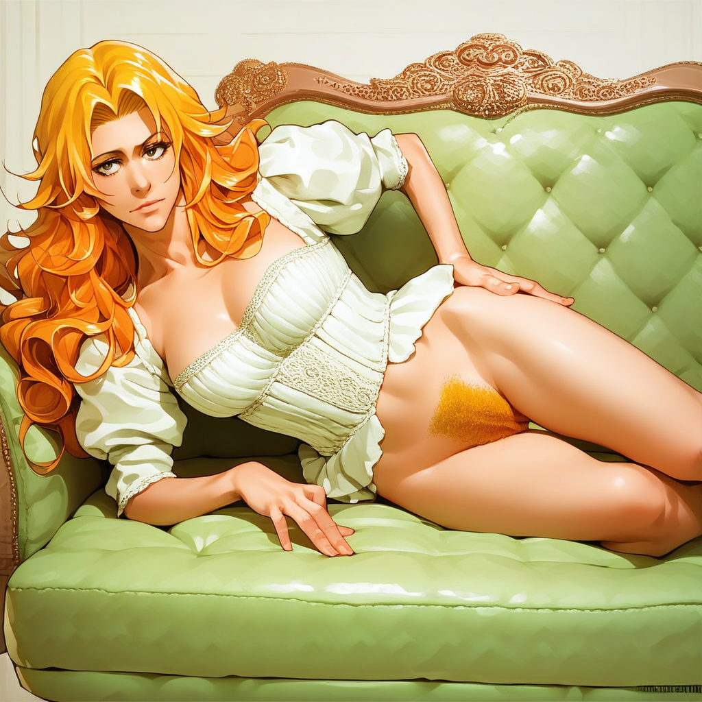 (source_anime:1.2), 2.5D, score_9,score_8_up, score_7_up,score_6_up, anime style, highly detailed, absurdres, BREAK, Matsumoto Rangiku\(Bleach\), long hair, wavy hair, (Blonde hair:1.2, orange hair), (Blonde pubic hair:1.2, orange pubic hair), centerfold, posing, playboy, playboyposexl, couch, (titanic pose), laying on couch, on side, hand on hip, looking at viewer, elegant furniture, Victorian,